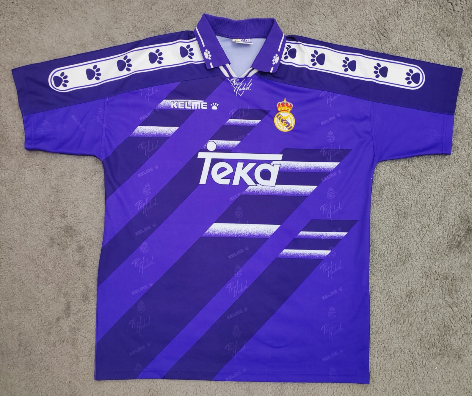 ウェア 1994 1996 kelme real madrid away shirt REAL MADRID 1994/1996 AWAY FOOTBALL SHIRT TEKA KELME PURPLE
