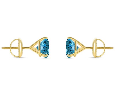 Pre-owned Shine Brite With A Diamond 5 Ct Round Cut Blue Earrings Studs Solid Real 18k Yellow Gold Screw Back Martini