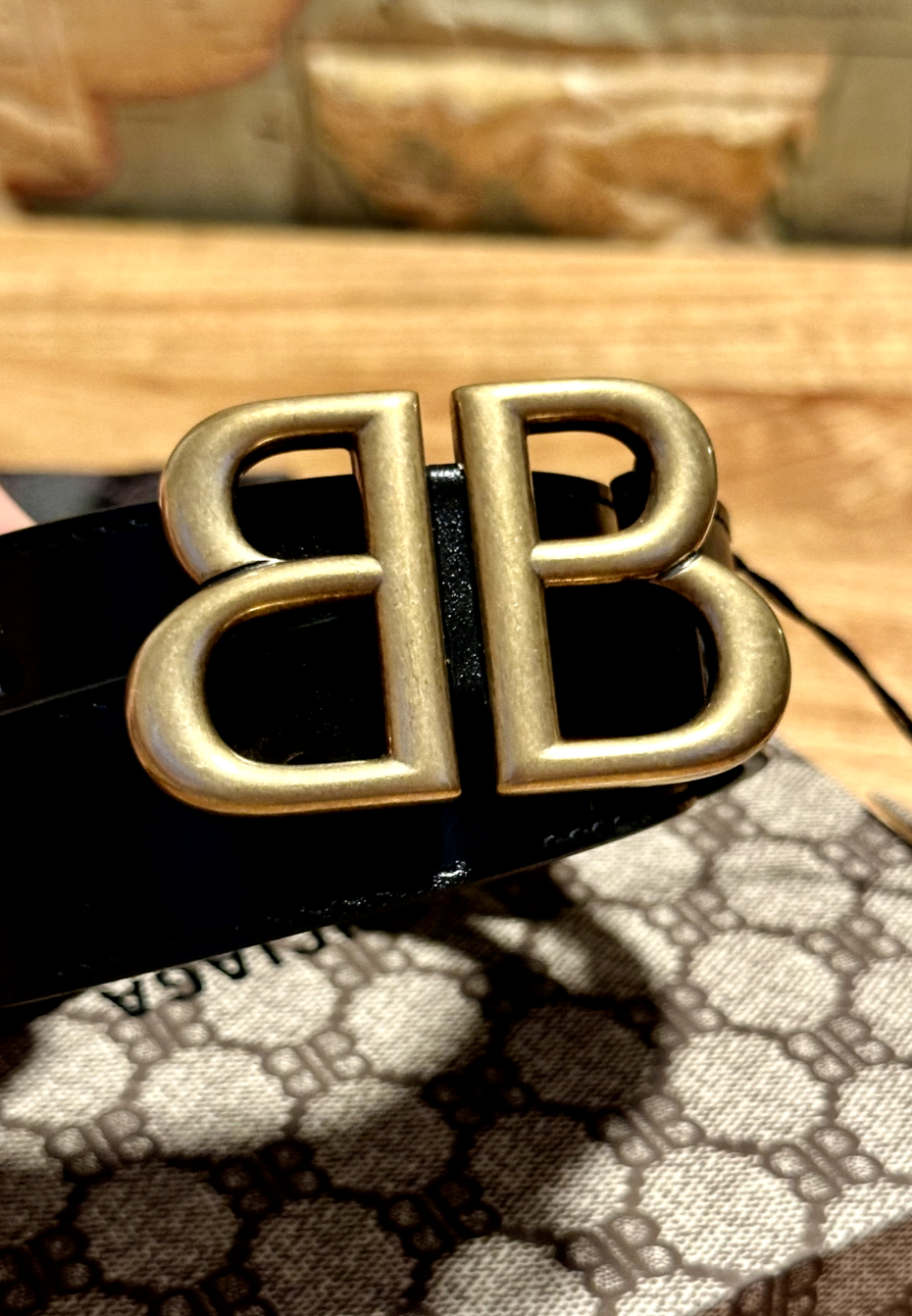 Pre-owned Gg Gold Brass B Belt Gucci X Balenciaga Bb  Leather 680456 80cm Unisex