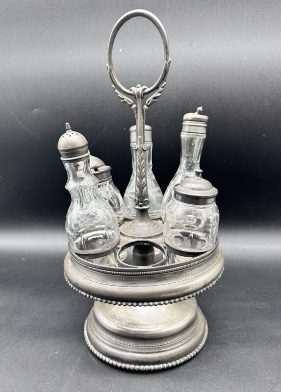 Antique Etched Glass Cruet Castor Set Silverplate Condiment Caddy READ