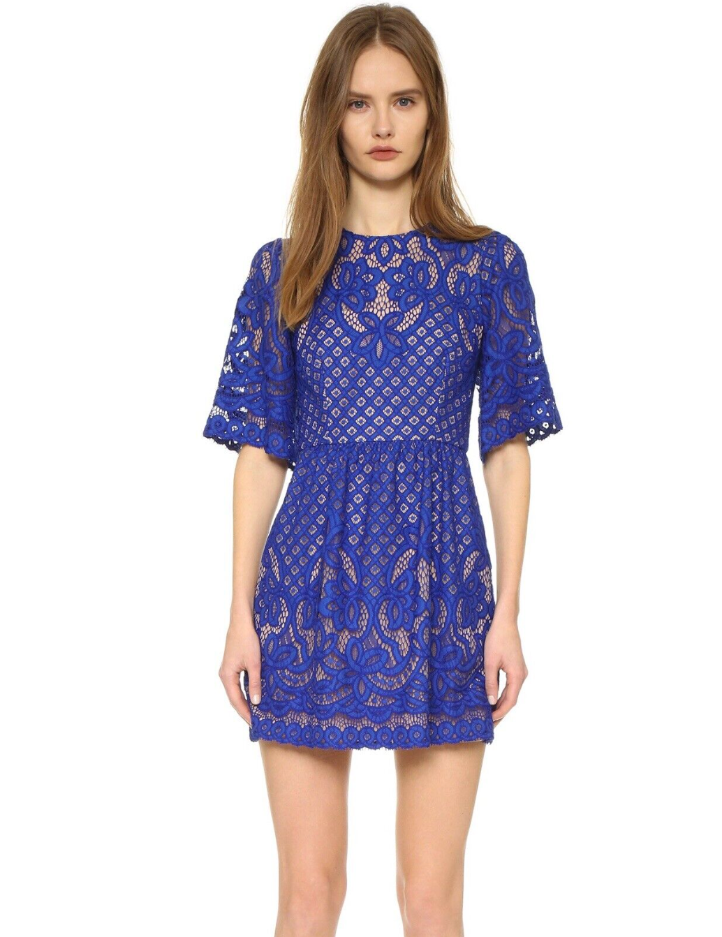 BCBGMaxazria Jillyan Larkspur Blue Lace Overlay Nude Lining
