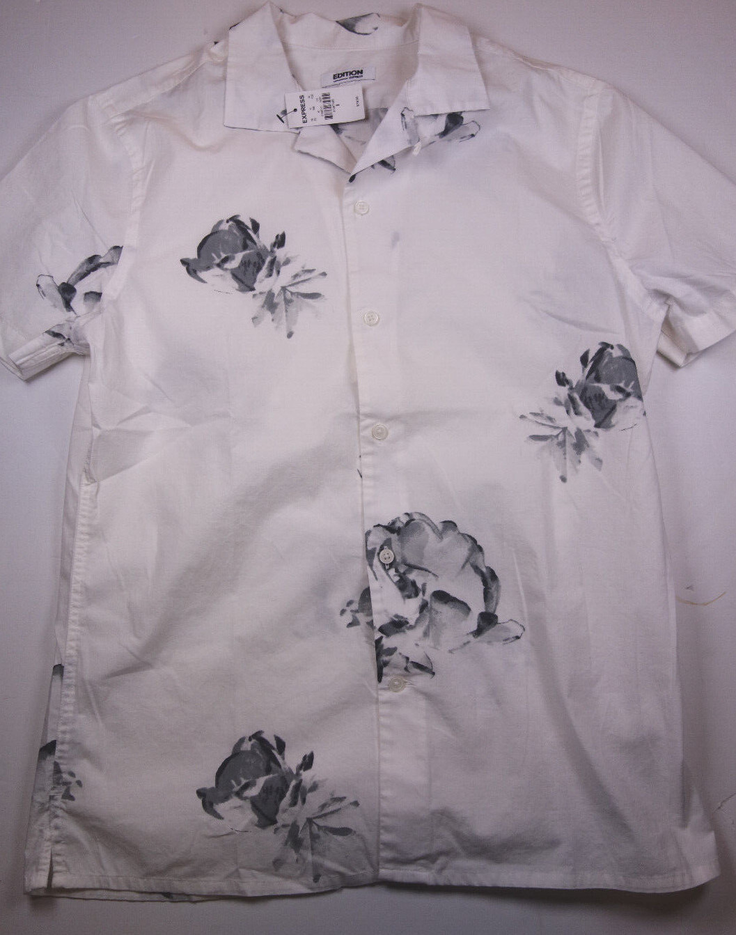 EDITION By EXPRESS White Floral Stretch Short Sleeve Shirt