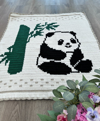 Panda Crochet Blanket Pattern, 32'' x 35'', Color Printing, Baby Gift, Home Decor