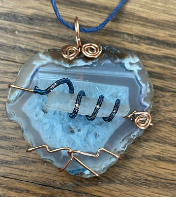 Handmade Agate Geode Slice Gemstone Copper Wire Wrapped Pendant, 2x2''