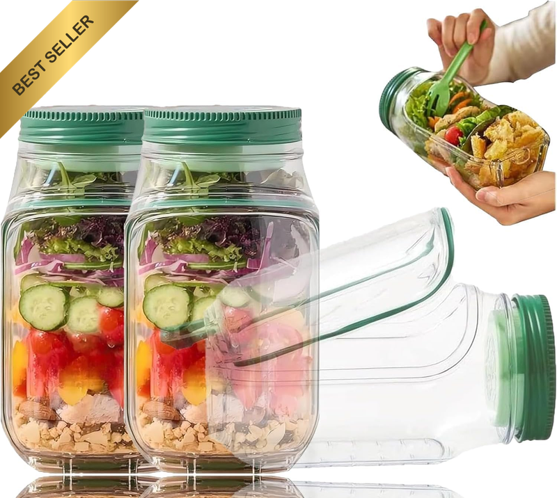 2 Pcs 32Oz Salad Jar Pod Side Opening Leakproof Seasoning Layer Portable