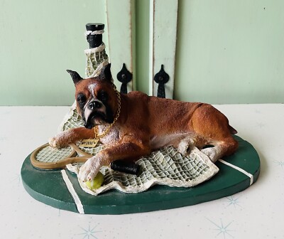 Vintage Tennis Court Disaster 9  Dog Boxer Figurine Ceramic Porcelain Puppy Dog
