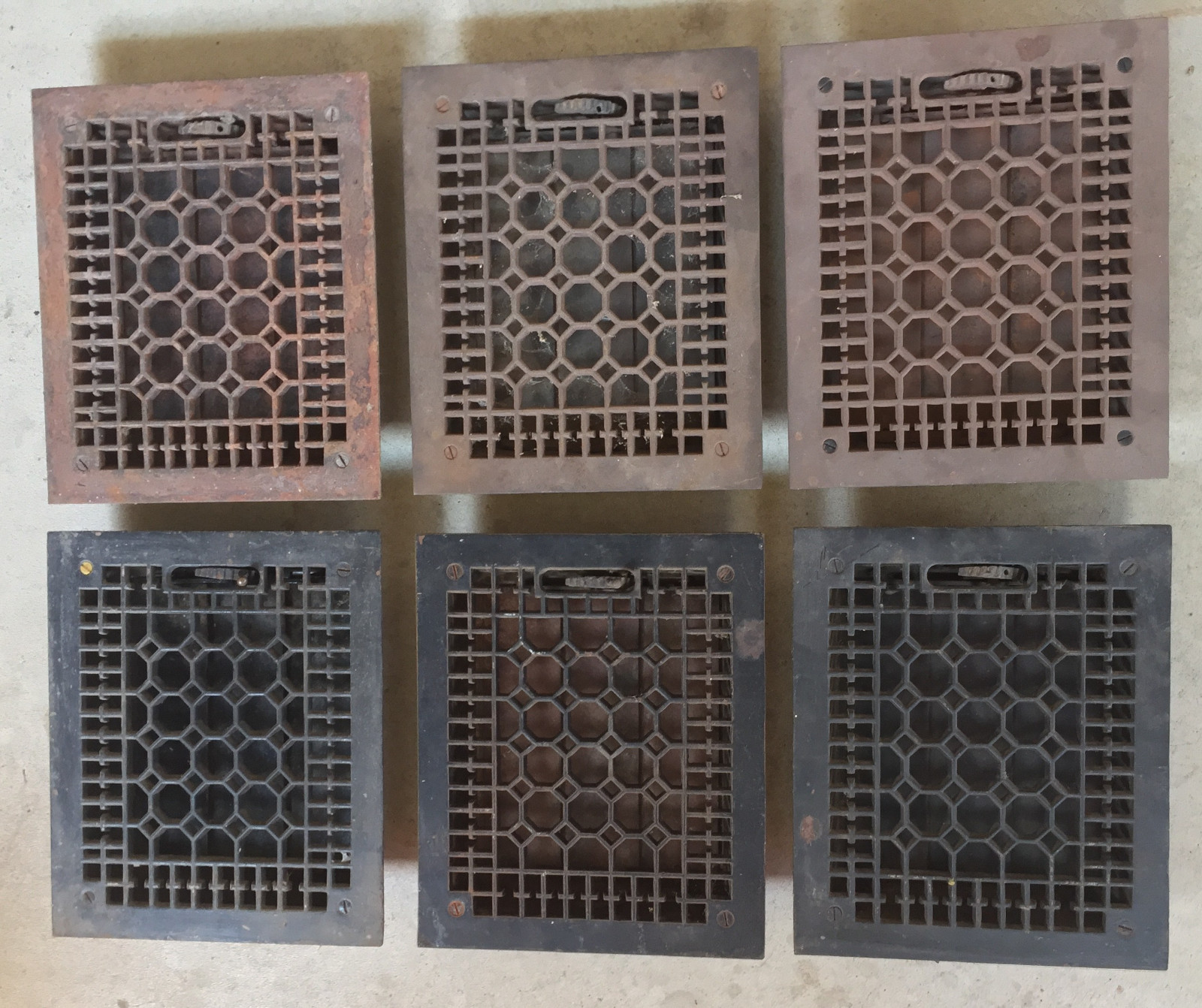 SET OF 6-CAST IRON HEAT REGISTERS-COMPL'T W/ ALL CAST IRON LOUVERS & MECHANISMS