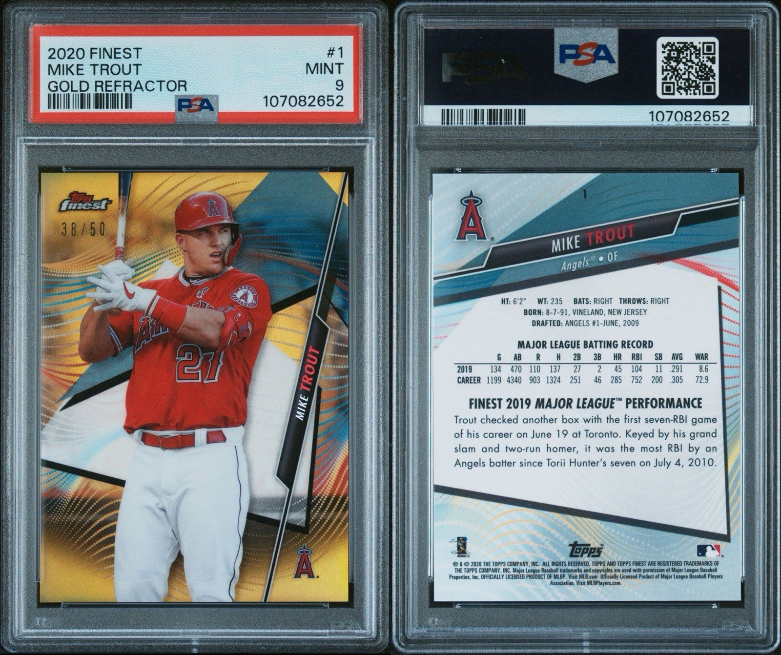 2020 Topps Finest Mike Trout Gold Refractor /50 PSA 9 Mint Los Angeles Angels