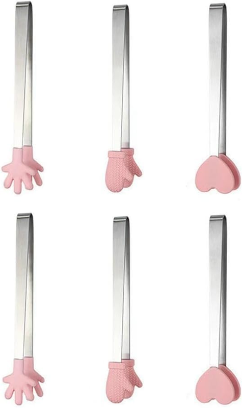 6 Pack Mini Dessert Tongs Stainless Ice Cube Clip Pink Hand Heart Glove Shape Sm