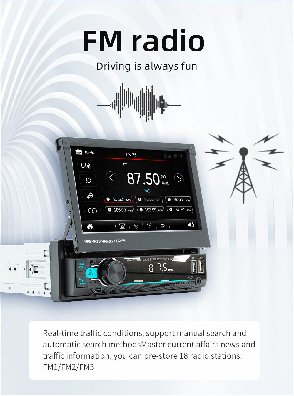 7" Car Stereo Radio Head Unit MP5 Player USB 1 DIN FM Bluetooth GPS Touch Screen