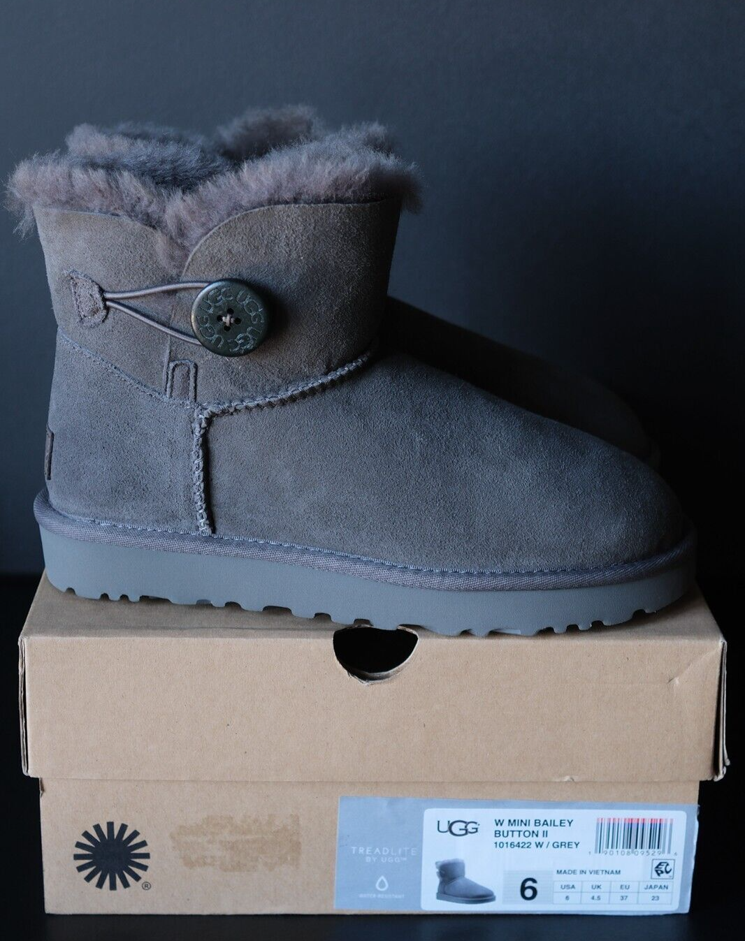 UGG Mini Bailey Button II 1016422 Grey Winter Boots US 6