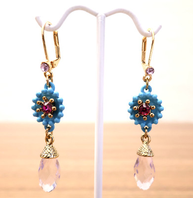 J.Crew earrings blue flower magenta crystal center pink briolette drop goldtone