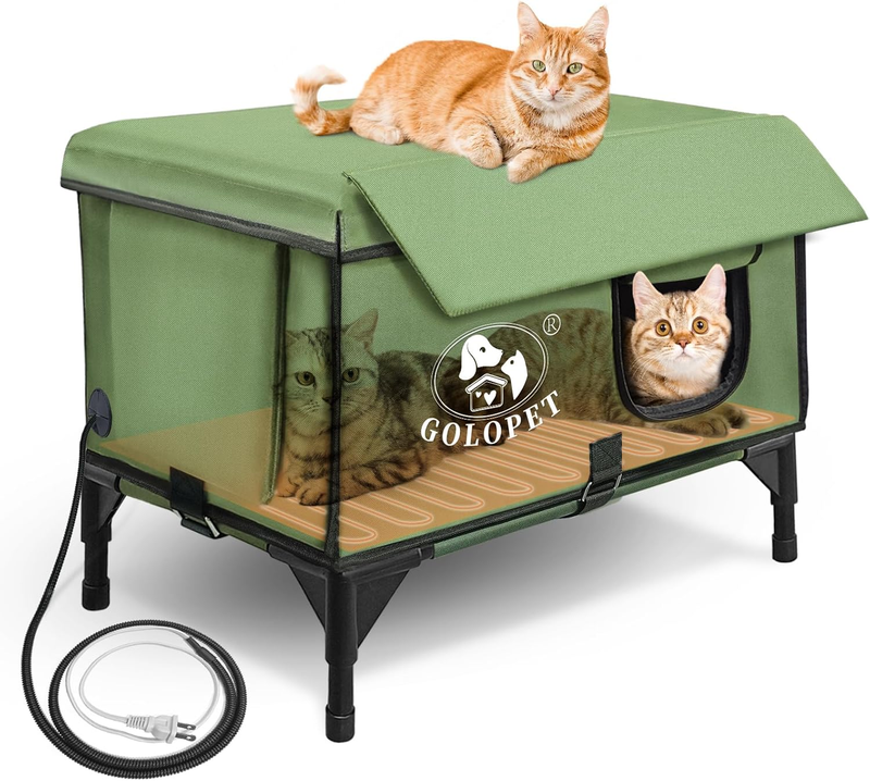 Large Heated Cat House for outside Winter, Addition of Rain-Proof Eaves，Waterproof & Insulated Feral Cat Shelter with Heater. Addition of Safety Escape Doors for Feral Cat Kitty-Large