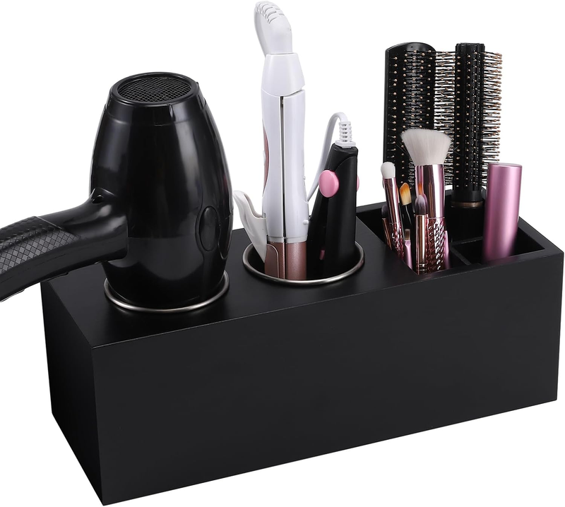 Cedar Wood Hair Dryer and Curling Iron Wall Mount Organizer in Black