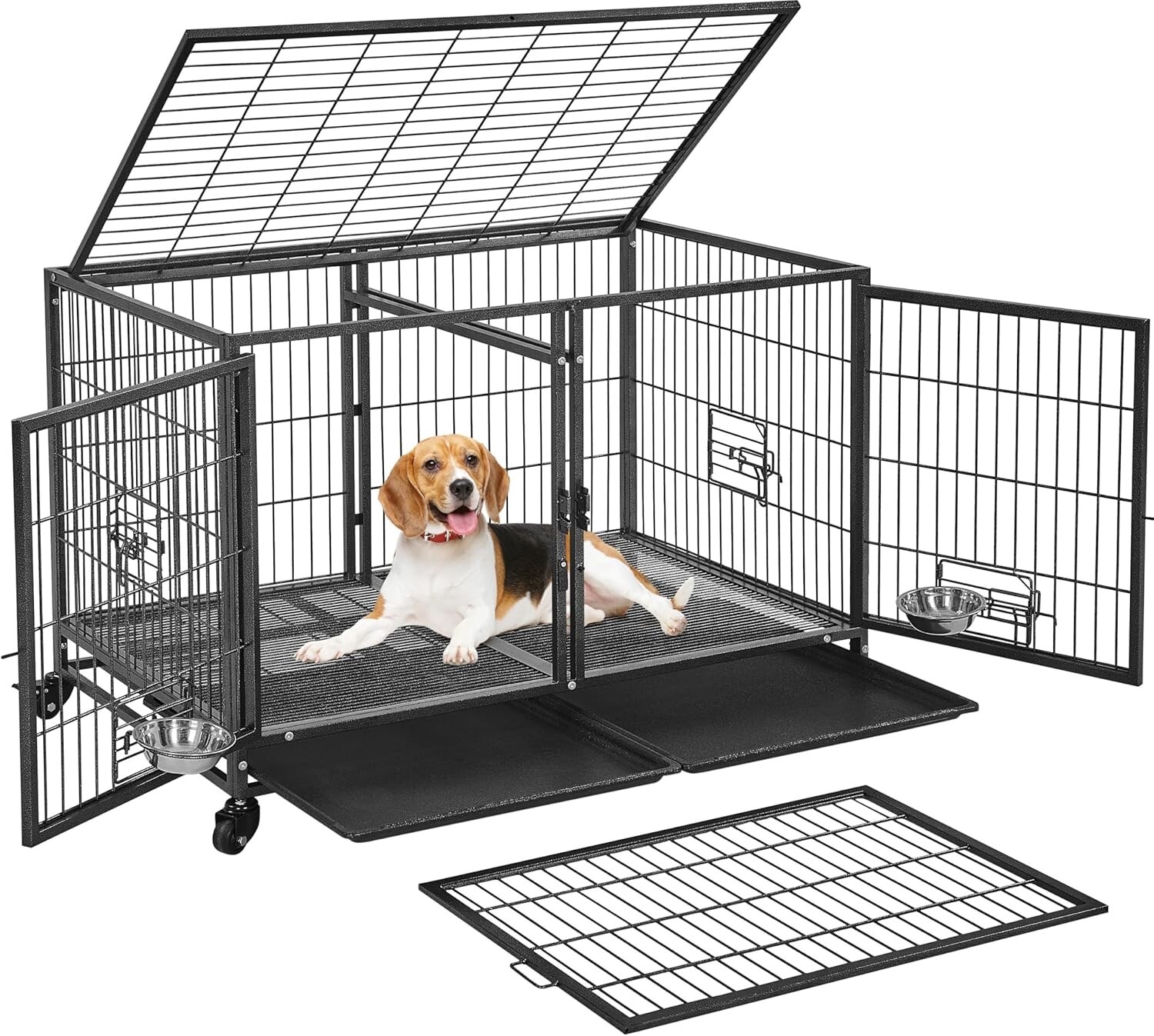 Dog Crate 43'' Heavy Duty Large Dog Cage w/Divider/Open Top/Bowls/Pull-out Trays