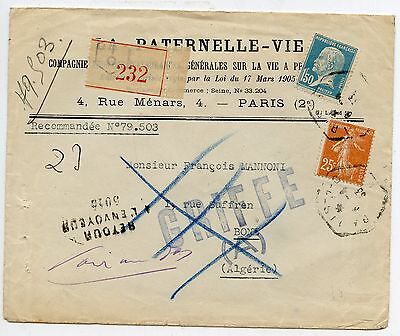 LETTRE RECOMMANDE / LA PATERNELLE / PARIS / BONE ALGERIE 1933 LETTRE REFUSE