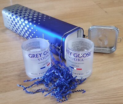 GREY GOOSE TUMBLER GIFT SET - 2 GLASSES, TIN LATCH BOX AND 2 OLIVE PICKS UPCYCLE