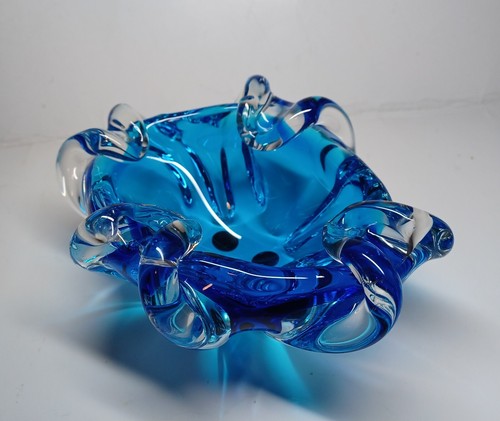 工芸品 Vetri Murano Ashtray VINTAGE MURANO AQUA BLUE AND CLEAR PINCHED RIM GLASS ASHTRAY