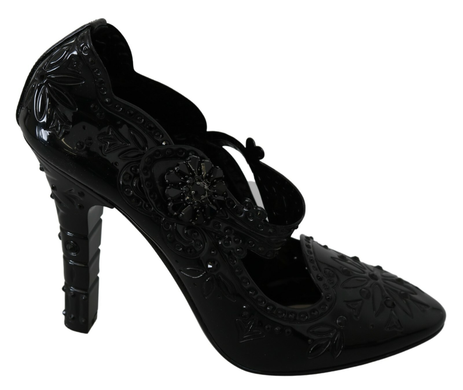 DOLCE & GABBANA Туфли CINDERELLA Черные туфли на каблуке с цветочным принтом и кристаллами EU39 / US8,5 $1800