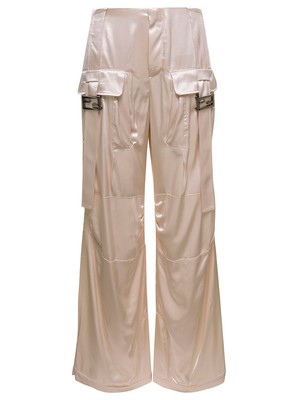 Pre-owned Fendi Ivory White Satin Cargo Pants With Ff Baguette Buckles In Viscose Woman