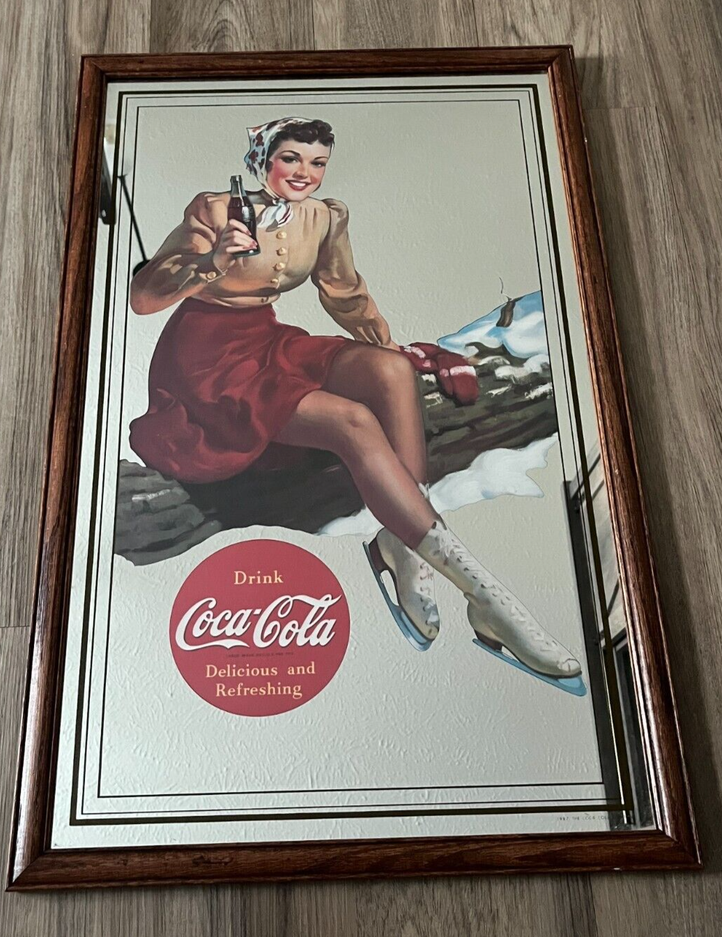 RARE VINTAGE COCA COLA ICE SKATING GIRL WOOD FRAMED PUB MIRROR