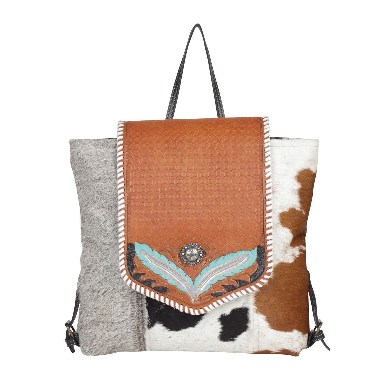 Myra Bag Handmade Calentivay Backpack Hand Tooled Bag Upcycled Canvas & Cowhide