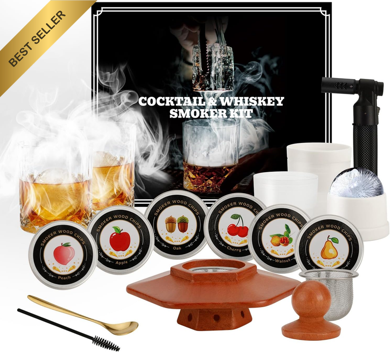 Whiskey Smoker Kit Torch 6 Wood Chips Glasses Molds 16PC Gift Men