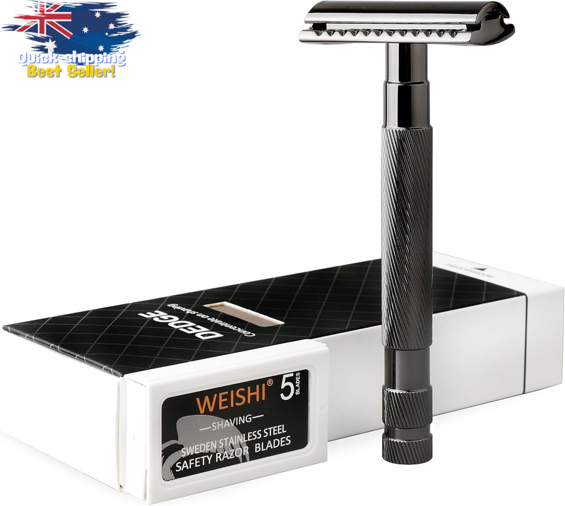 Classic Double Edge Safety Razor for Men - Reusable & 5 Premium Blades Black
