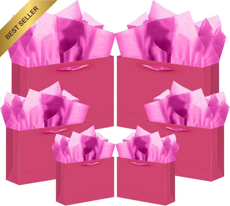 10PCS Bright Pink Gift Bags with Ribbon Handles Mulit Assorted Sizes Gift Wide B