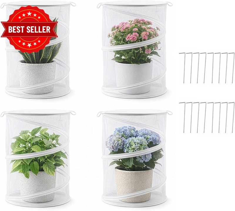 4 Pack Pop up Mesh Plant Protection Tent, White Insect Barrier Plant Guard Cage