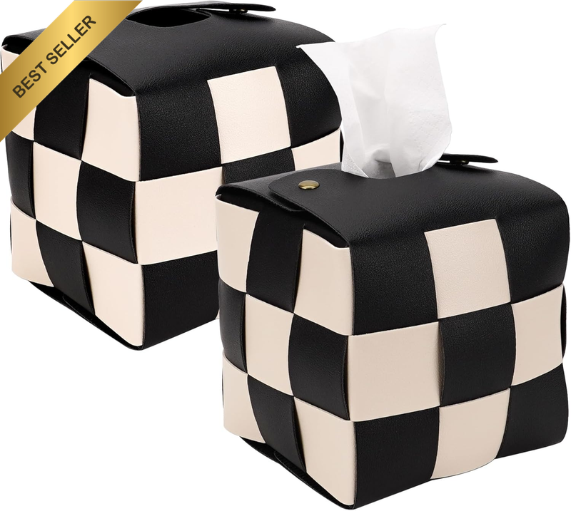 2 Pack Checkerboard Tissue Box Cover, PU Leather Square Cube Holder, Black White