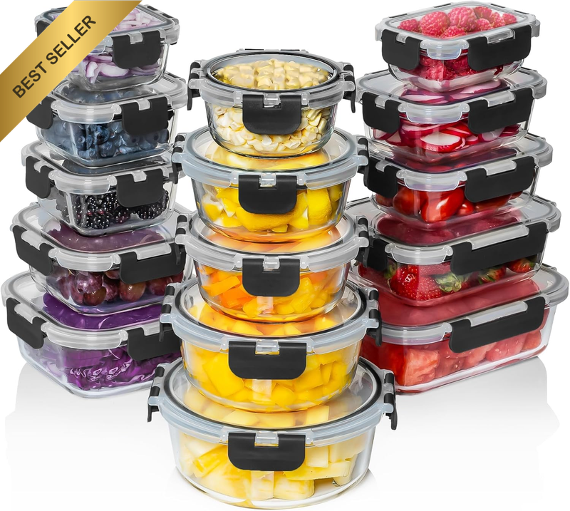 30 PC Glass Food Storage Containers with Lids - Reusable Glass Meal Prep Contain