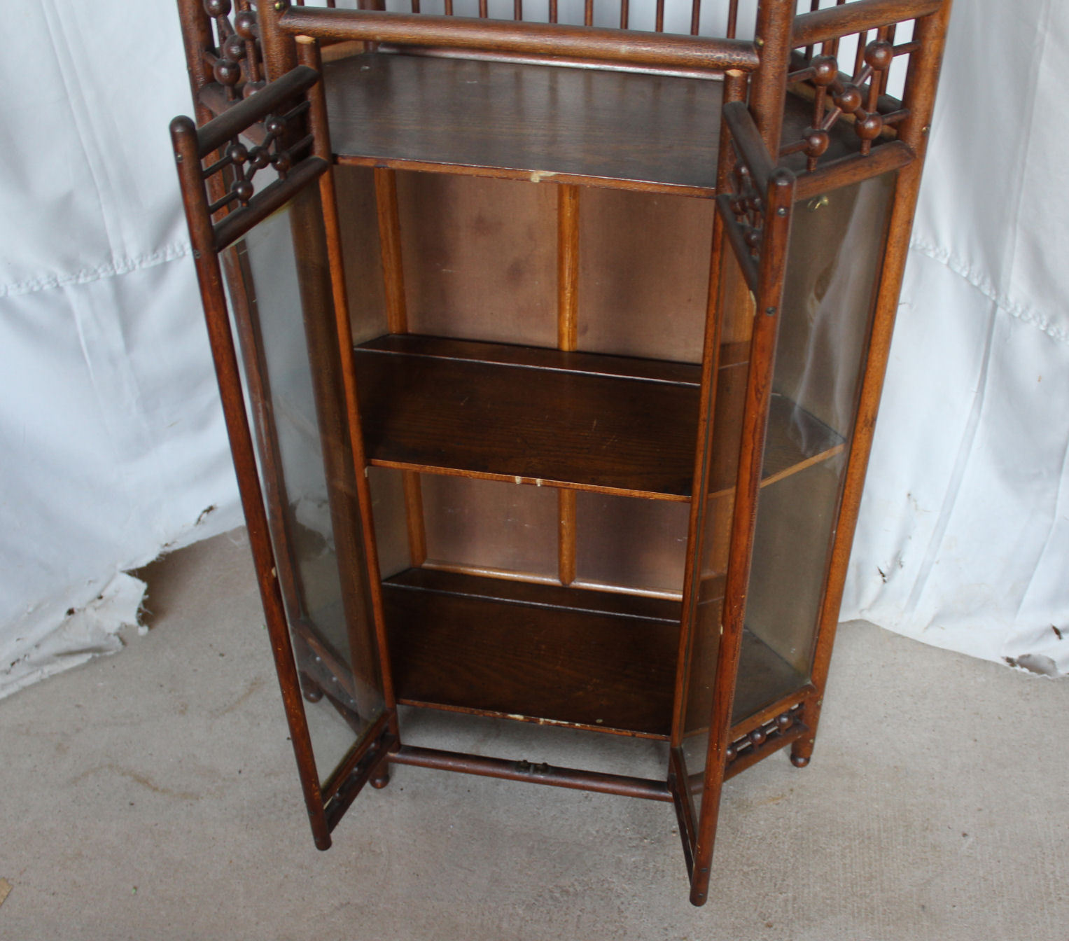 Antique Oak Hanging Corner Curio Cabinet Stick and Ball Style