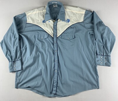 VTG BIG MAN BY BLOCK WESTERN SHIRT MENS 2XL BLUE WHITE FLORAL BUTTON SNAP