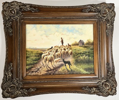 Oil on Canvas Painting - A shephard and his sheep - Highly Ornate Wood Frame