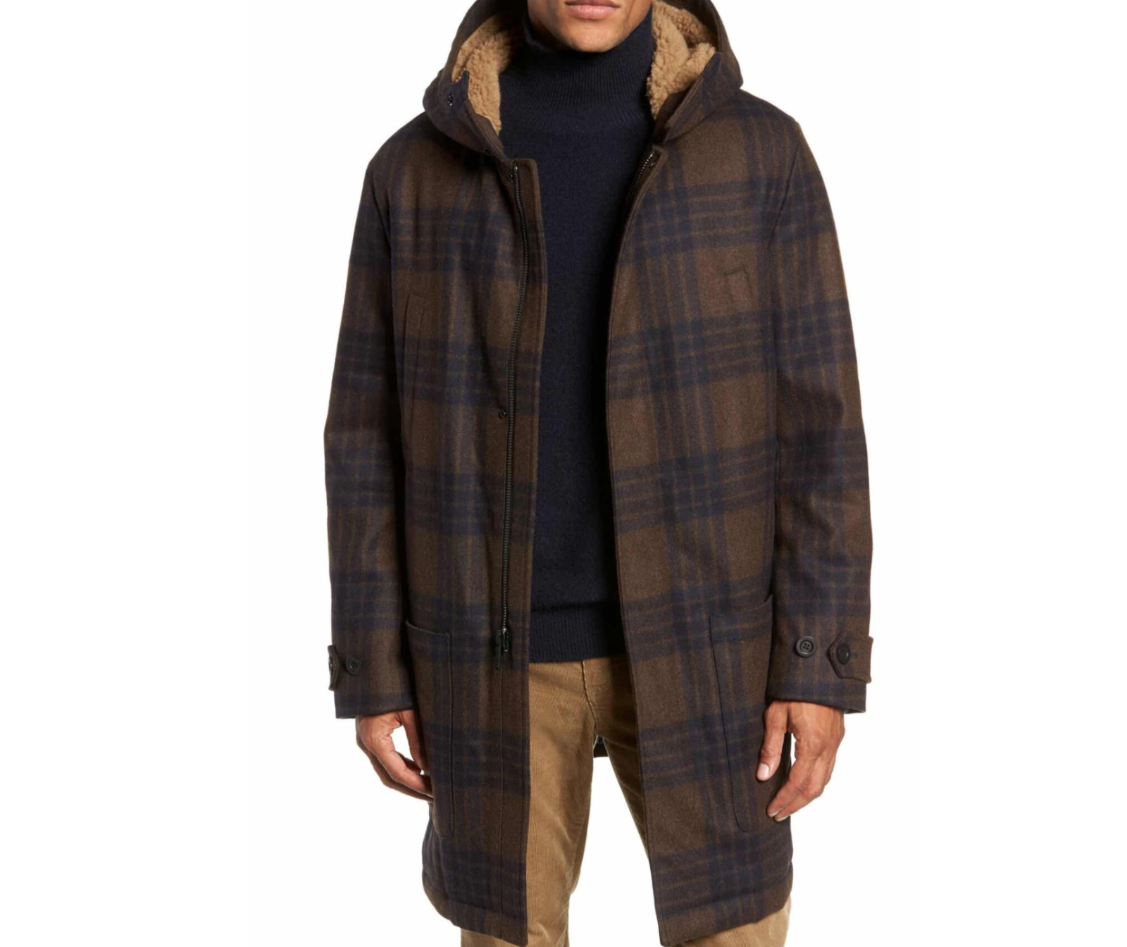 Pre-owned Vince Men's Plaid Duffle Coat With Faux Shearling Trim Msrp $895 In H Redwood