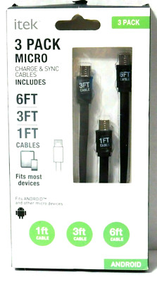 Itek 3 Pack Micro Charge & Sync Cables 1ft,3ft,6ft. Android/NEW