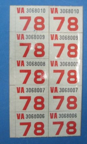 matched pair 1978 Virginia license plate date stickers never used