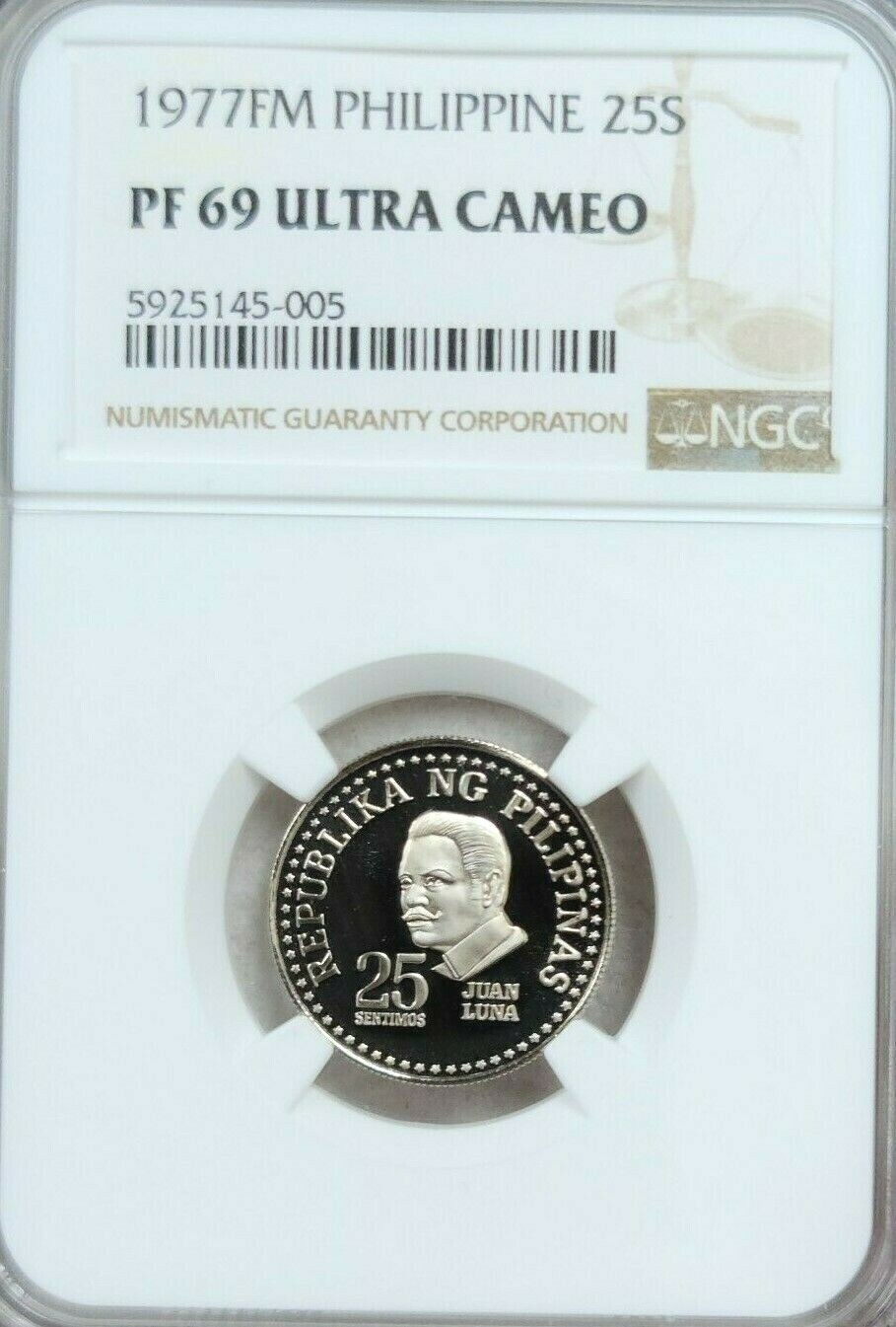 1977 PHILIPPINES 25 SENTIMOS JUAN LUNA NGC PF 69 ULTRA CAMEO