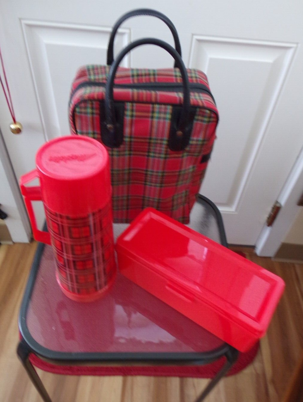 VTG~Aladdin Red Tartan Plaid Qt Thermos Lunch Box Zip Carry Bag~