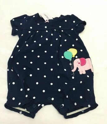 Girl's Carter's Navy & White Polka Dot Romper, Elephant, Balloons, Size 6 Months