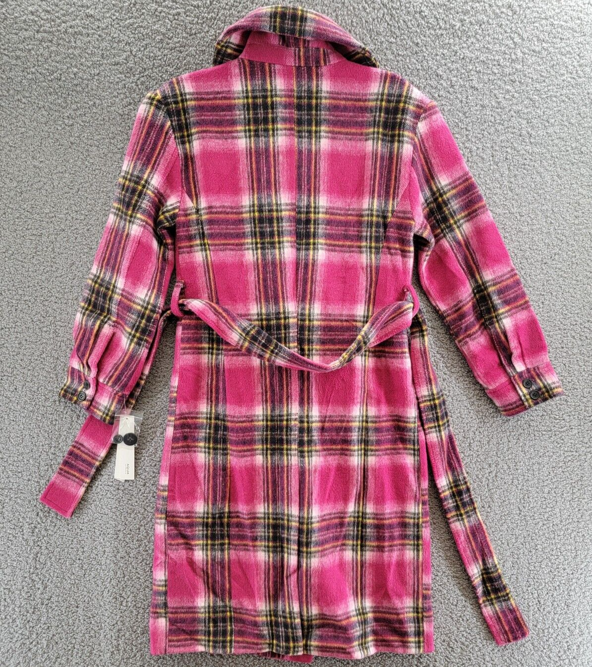 AQUA Plaid Duster Trench Coat Women's XS Pink/Black Collared Button Front L/S - Picture 14 of 19