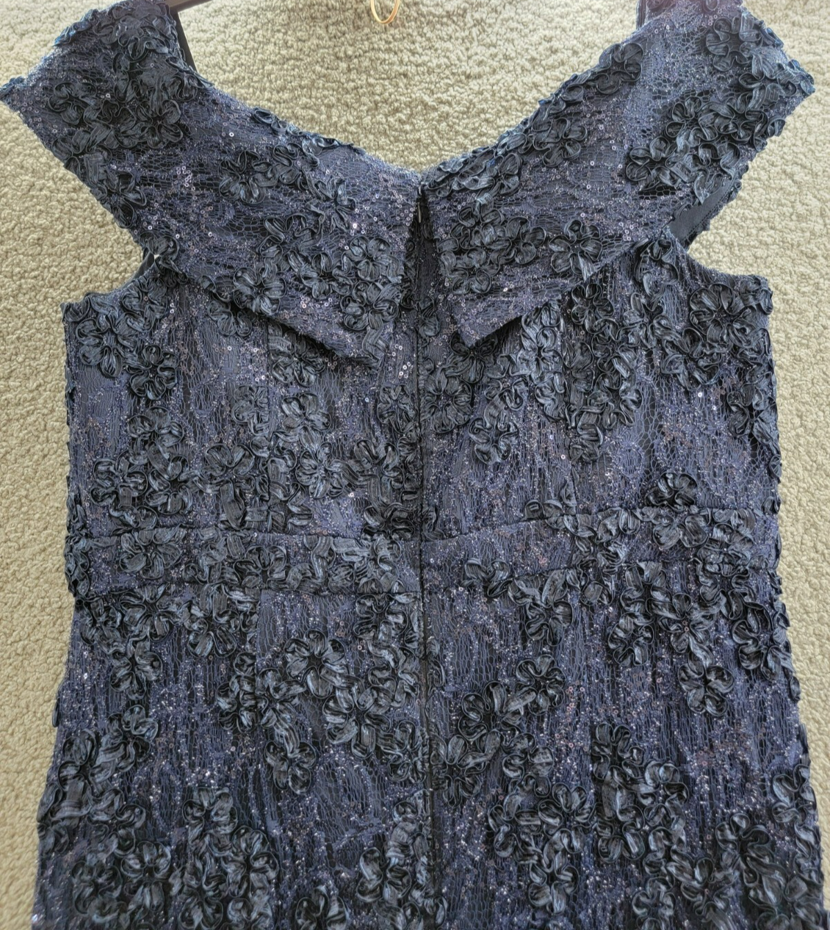 Xscape Plus Size Off Shoulder Embroidered Lace Dress Women's 16W Navy Back Zip - Picture 17 of 21