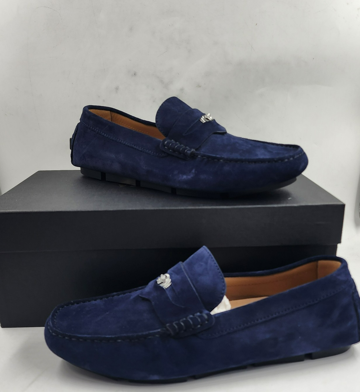 Versace Medusa Penny Loafers Men's 42.5/9.5US Blue Stitched Moc Toe Slip On - Picture 2 of 24