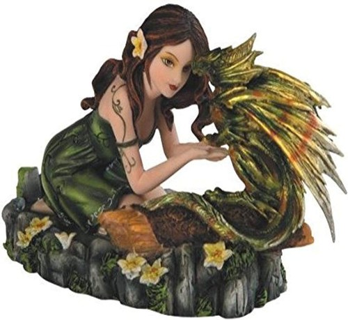 StealStreet Green Fairy Kneeling with Small & Yellow Dragon Figurine 
