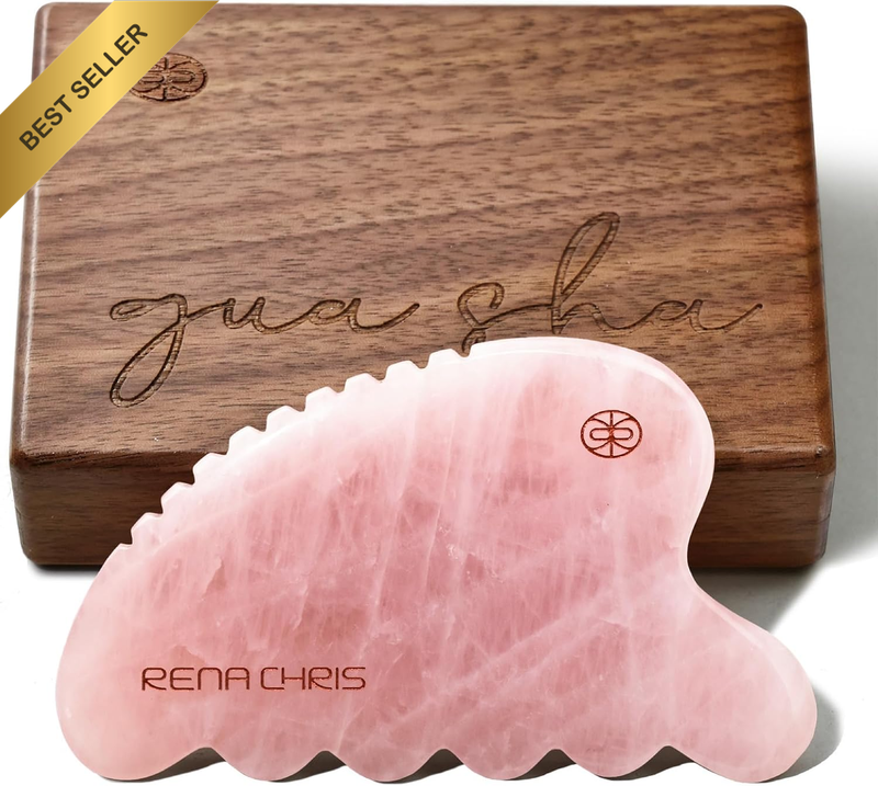 Gua Sha Facial Tool, Natural Rose Quartz Stone Body Gua Sha with Exquisite Woode