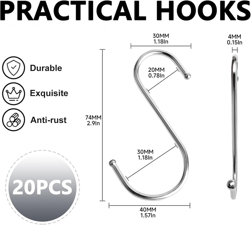 S Hooks,20 Pack 3 Inch Metal S Shaped Hanging Hooks,Heavy Duty S Hooks for Hangi