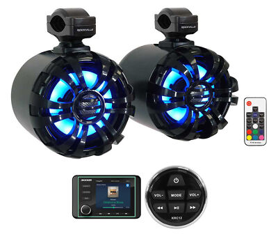 KICKER KMC5 Marine Bluetooth Receiver+Remote+(2) 6.5'' Black LED Tower Speakers