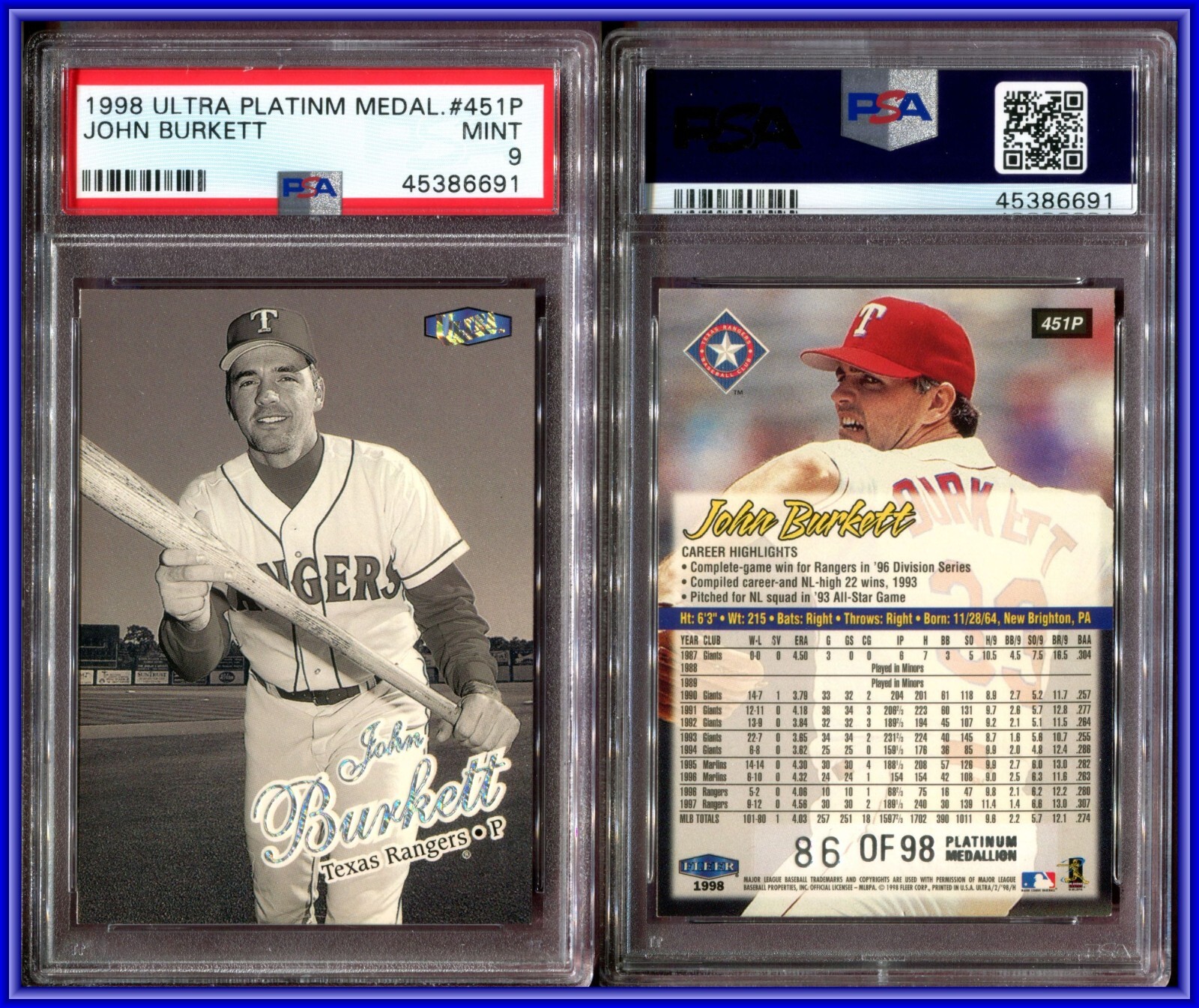 スタープラチナ PSA 9 1998 Ultra Platinum Medallion #451P John Burkett /98