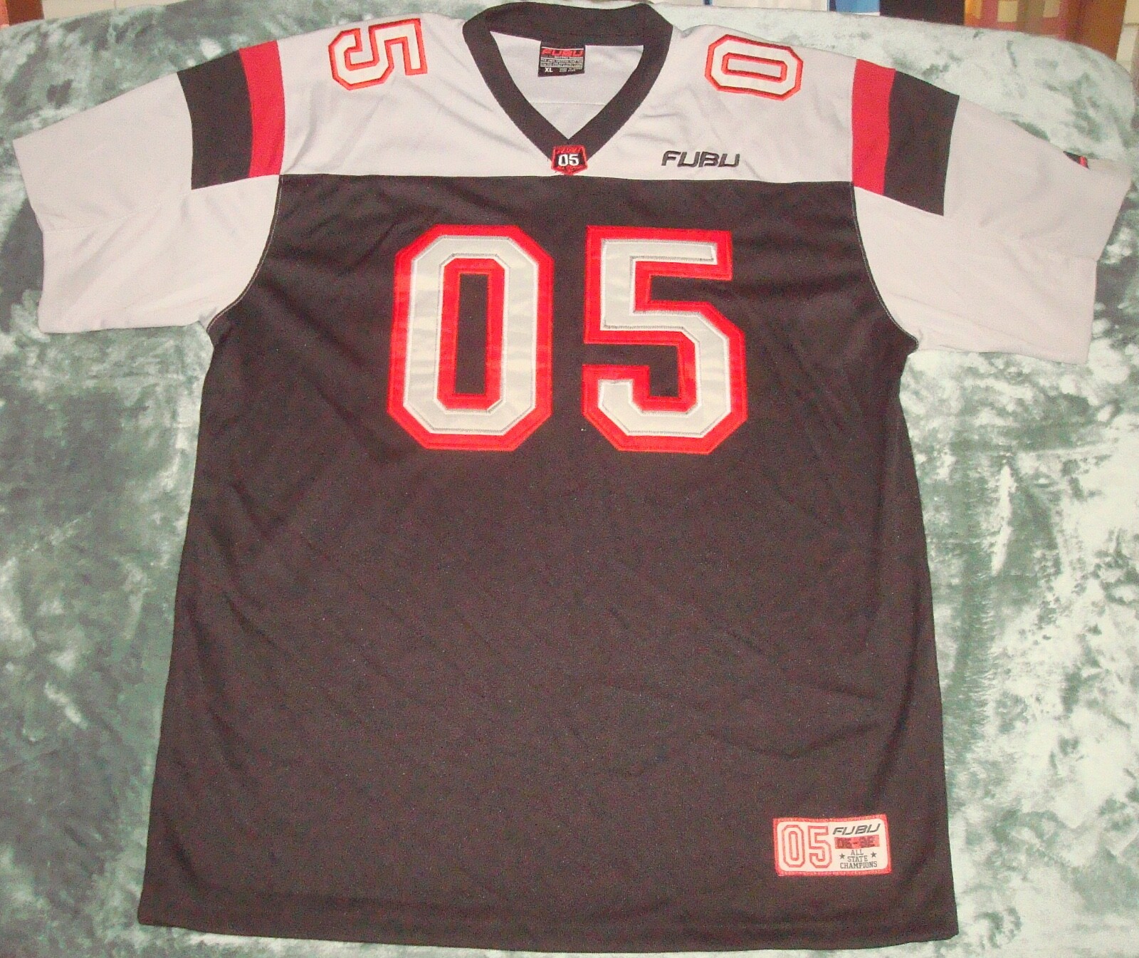VTG 90s FUBU 05 FOOTBALL JERSEY XL HIP HOP RAP SEWN GRAY
